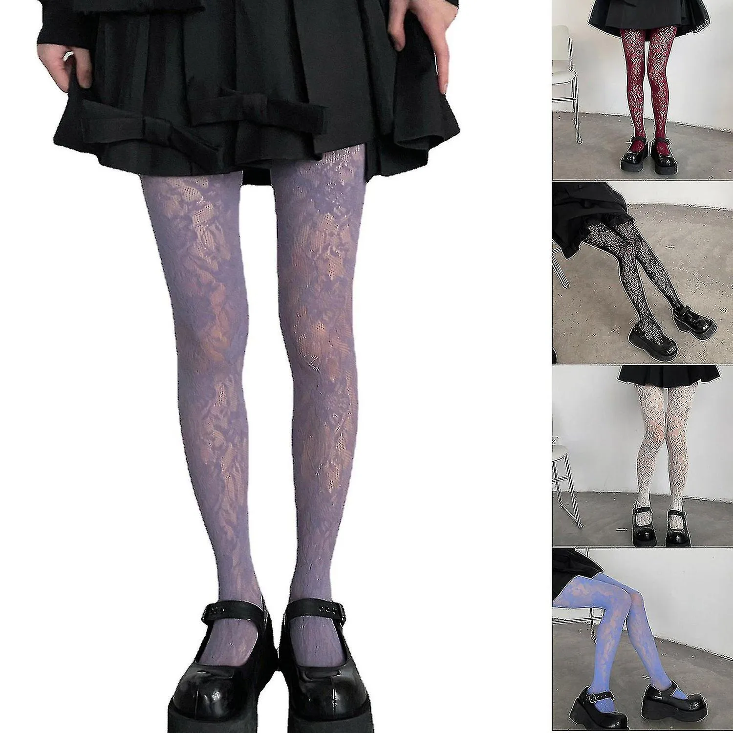 Women Lolita Fishnet Pantyhose Gothic Preppy Style Multicolored Floral Lace Patterned Sheer Mesh Tig