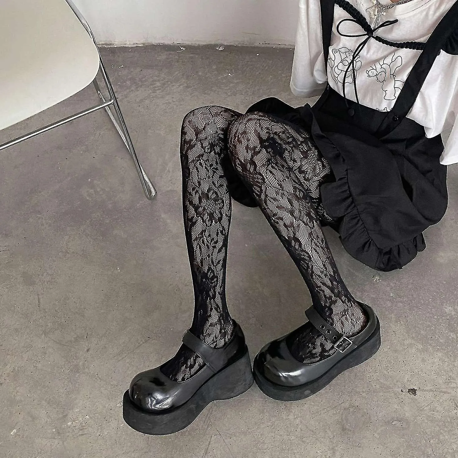 Women Lolita Fishnet Pantyhose Gothic Preppy Style Multicolored Floral Lace Patterned Sheer Mesh Tig