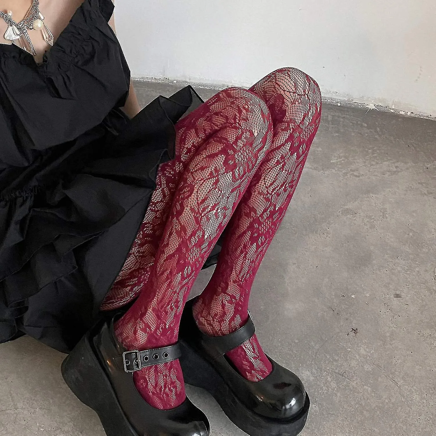 Women Lolita Fishnet Pantyhose Gothic Preppy Style Multicolored Floral Lace Patterned Sheer Mesh Tig