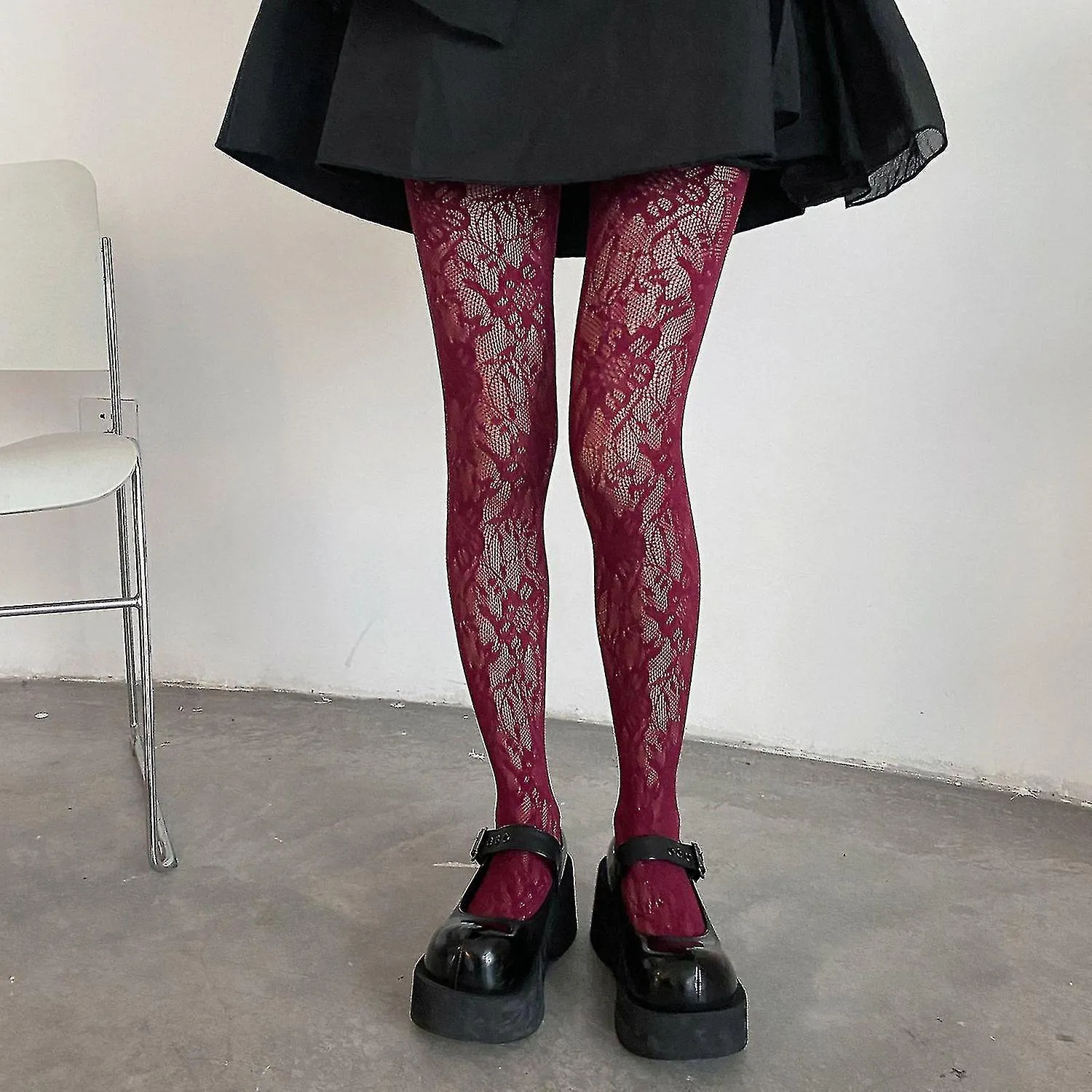 Women Lolita Fishnet Pantyhose Gothic Preppy Style Multicolored Floral Lace Patterned Sheer Mesh Tig