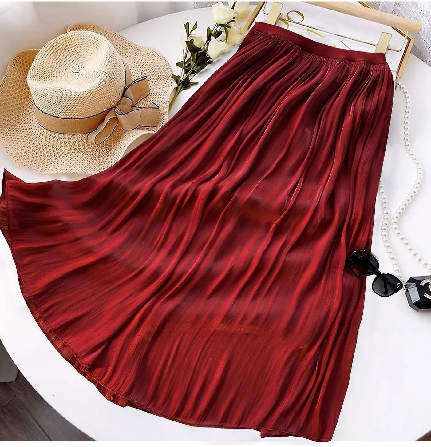 Women's Metallic Shiny Maxi Skirts Lightweight Silky Flowy Skirt for Summer Beach Holiday Gift for family/friend free delive