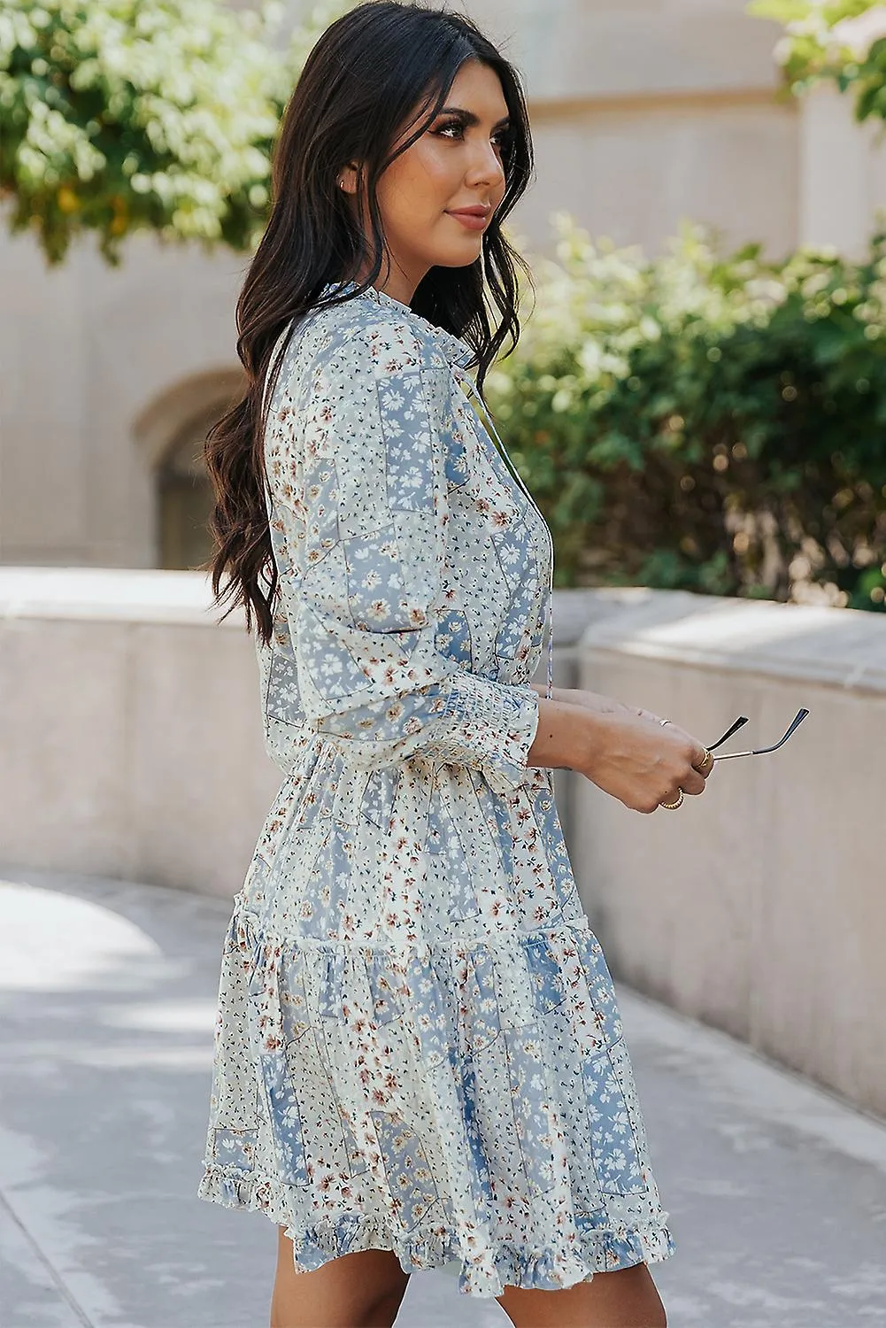 Women's Sky Blue Floral Split V Neck Tiered Ruffle Dress