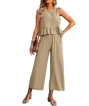 Women's Summer 2 Piece Outfit Sets Sleeveless Square Neck Wide With Pockets