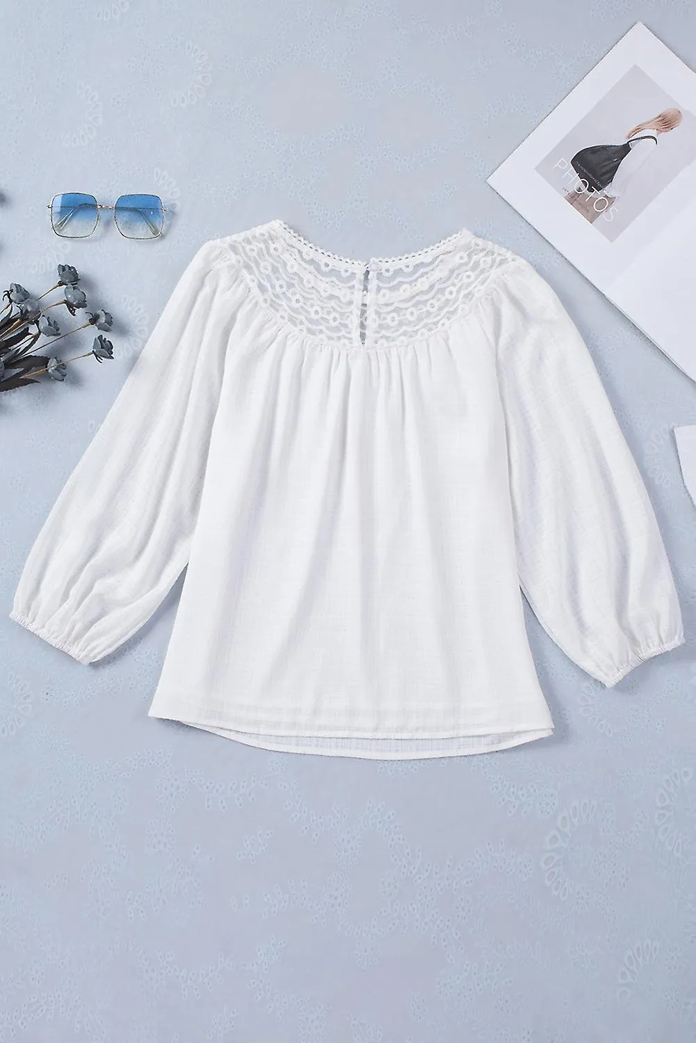 Women's White Textured Lace Contrast Ruched Blouse